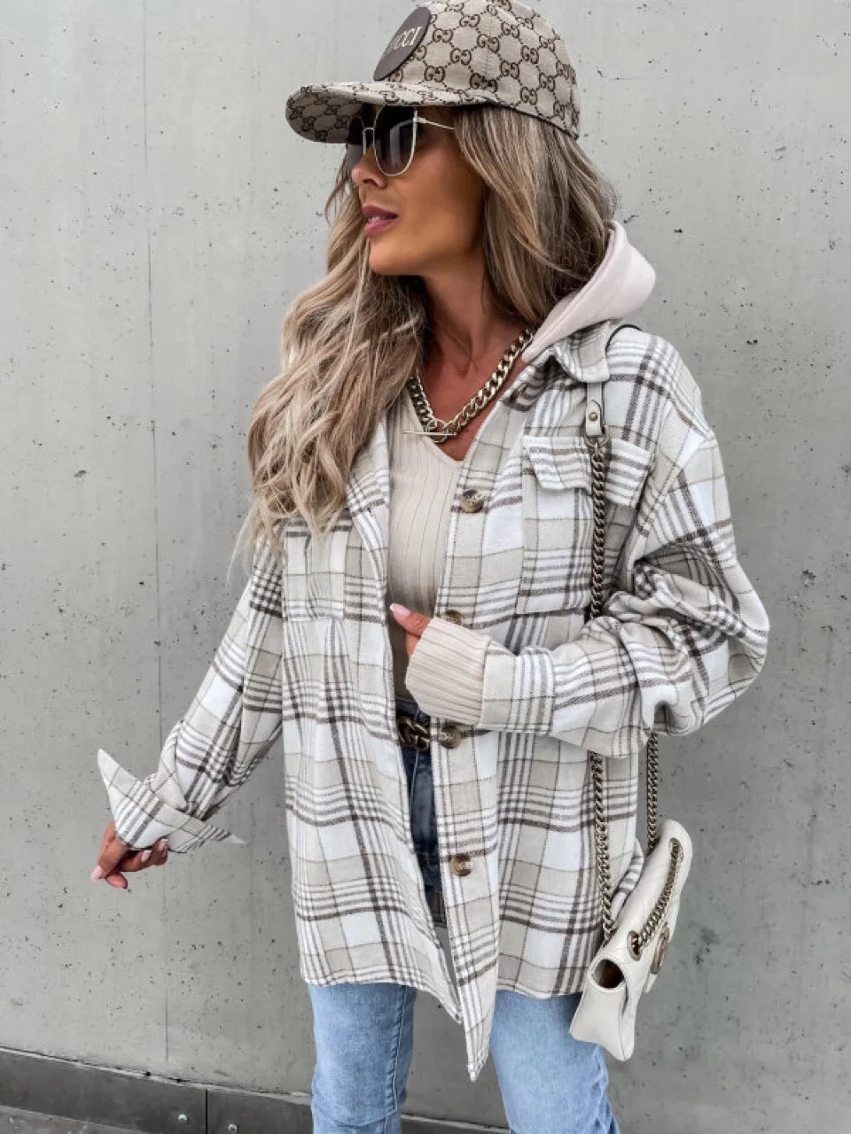 Checked Jacket with Hood and Button Closure - product photo 6