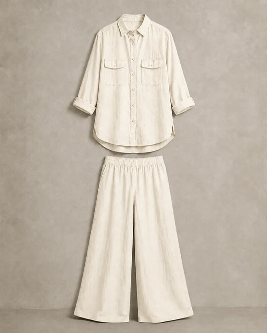 The beige-and-white linen co-ord set laid out flat, with the button-down shirt and wide-leg trousers shown as separate pieces that can be worn together or apart.