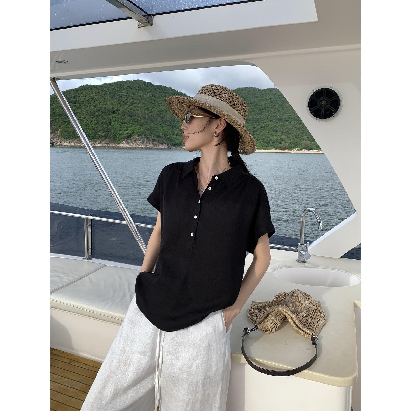 Womens Linen Lyocell Short Sleeve Shirt