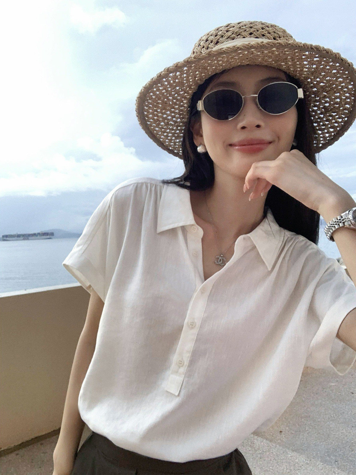Womens Linen Lyocell Short Sleeve Shirt