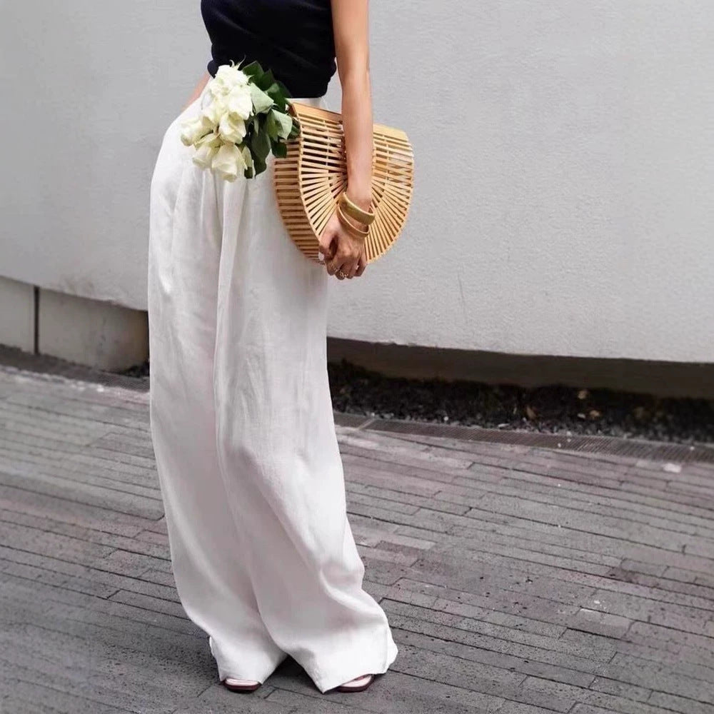 Womens High Waist Linen Wide Leg Pants