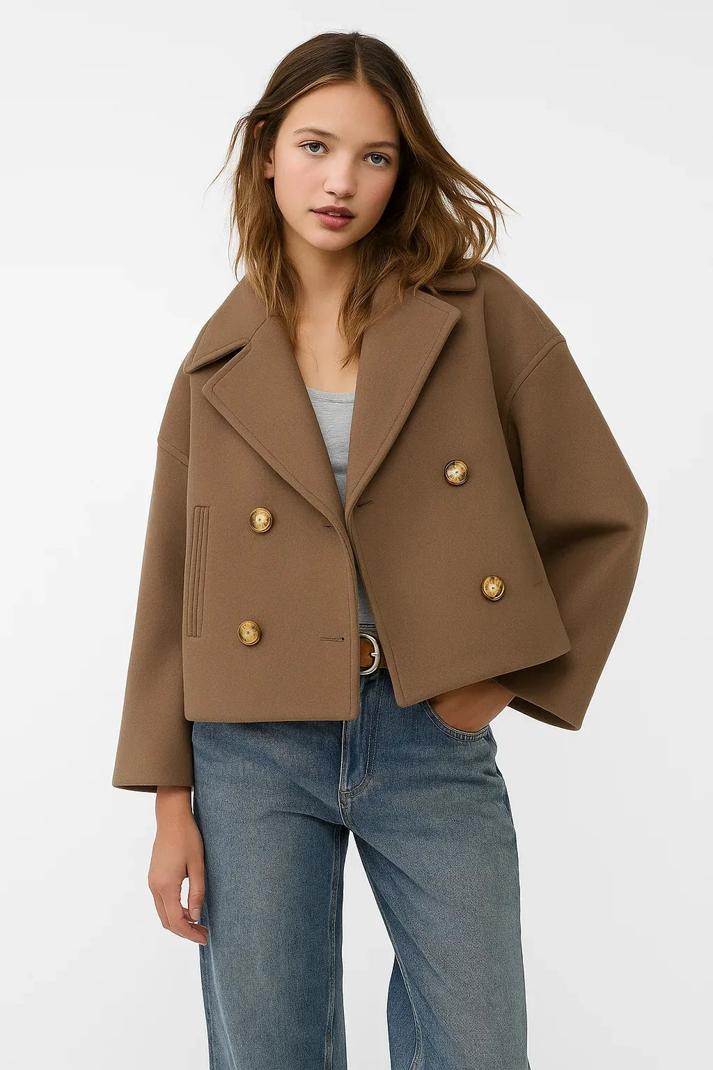 Cropped Dubbelrijige Jas in Wolmix-Look