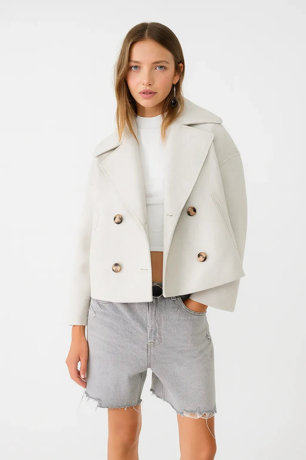 Cropped Dubbelrijige Jas in Wolmix-Look
