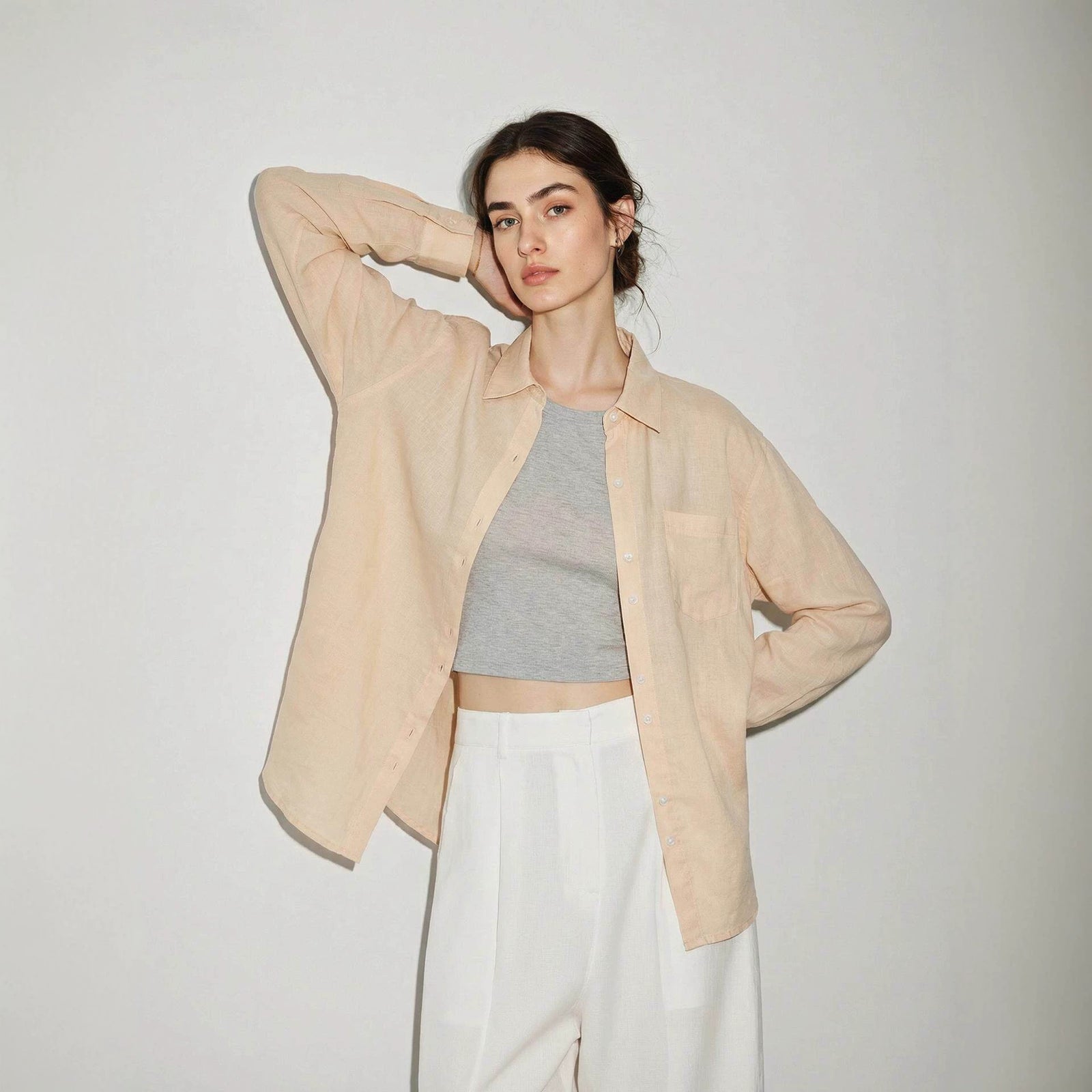 Womens Tencel Linen Cardigan Shirt Button Up Solid Color