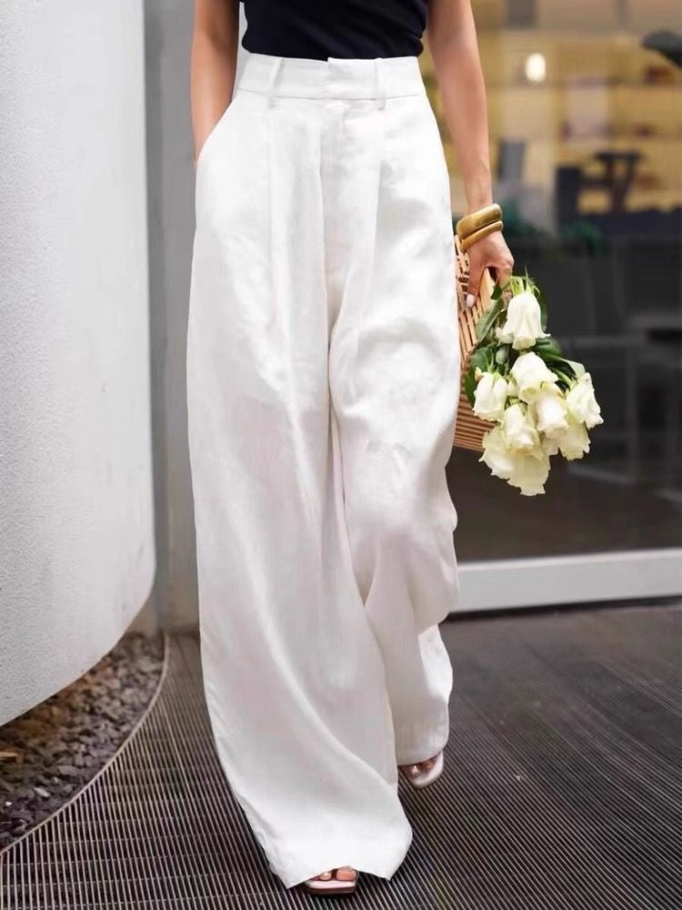 Womens High Waist Linen Wide Leg Pants