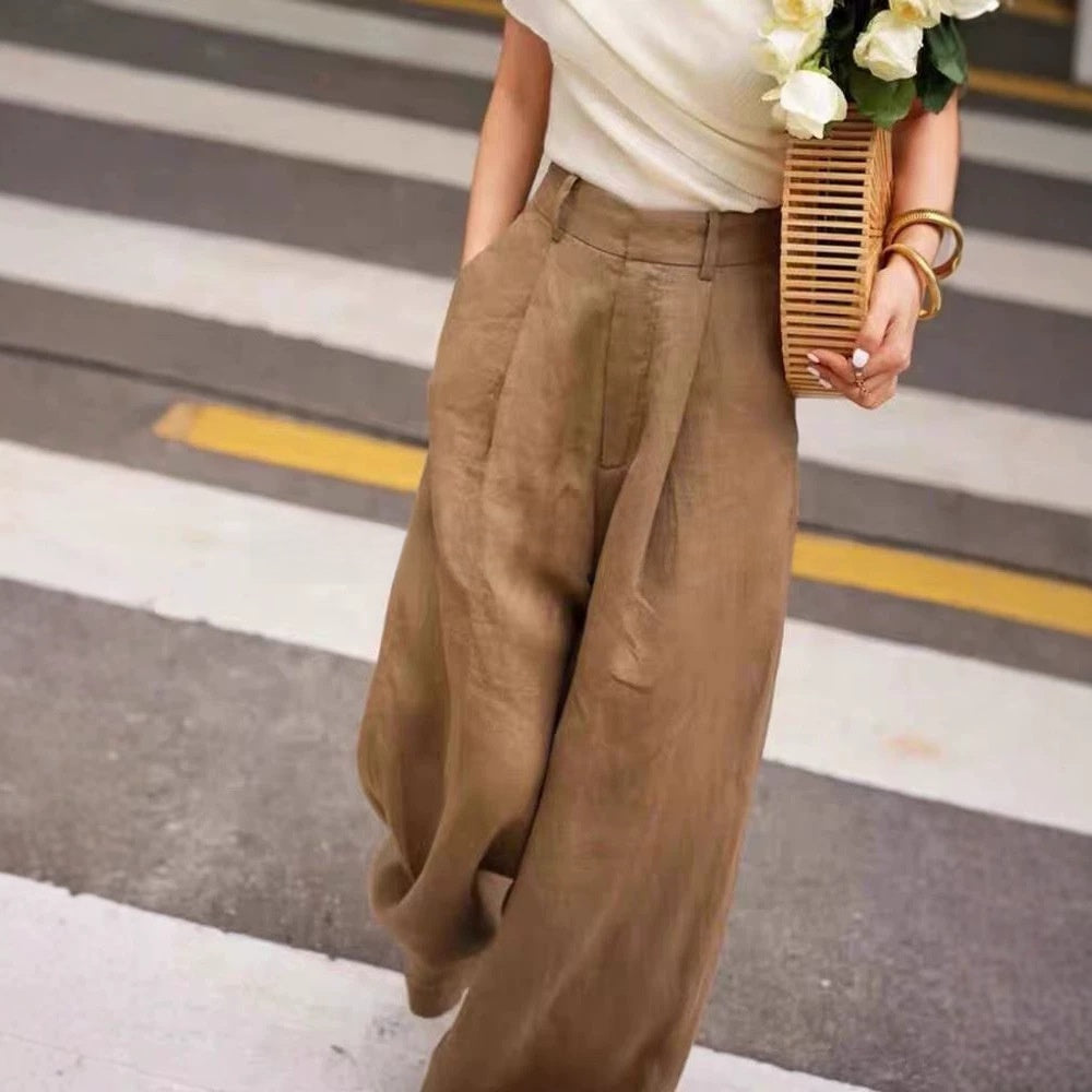 Womens High Waist Linen Wide Leg Pants