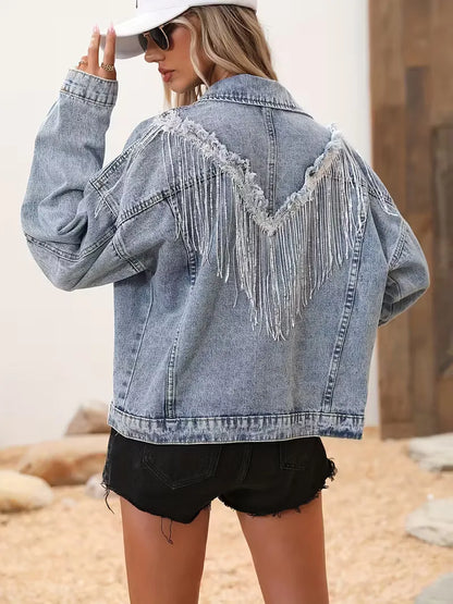 Dames oversized spijkerjas met pailletten franjedetail