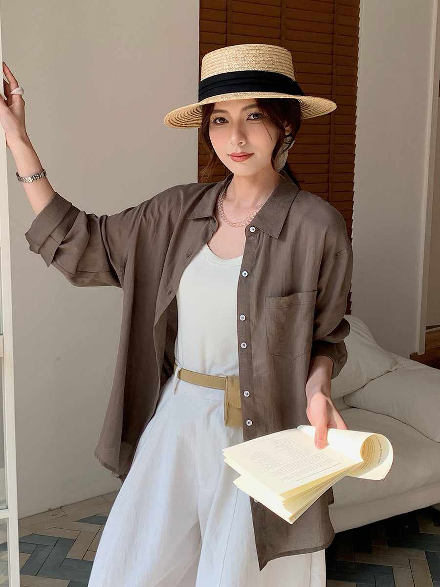Womens Lyocell Linen Button-Up Shirt