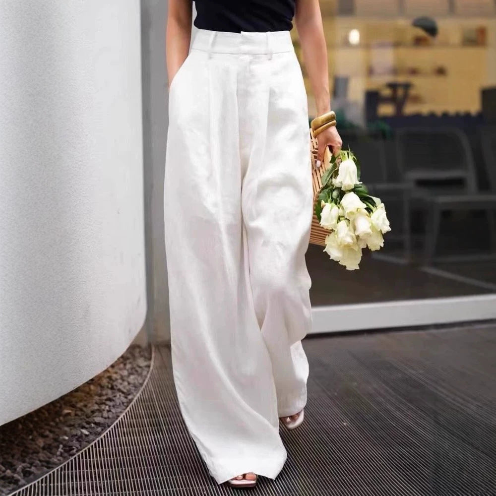 Womens High Waist Linen Wide Leg Pants