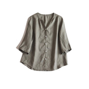 Pure Linen Women Casual Shirt V-Neck Loose Fit