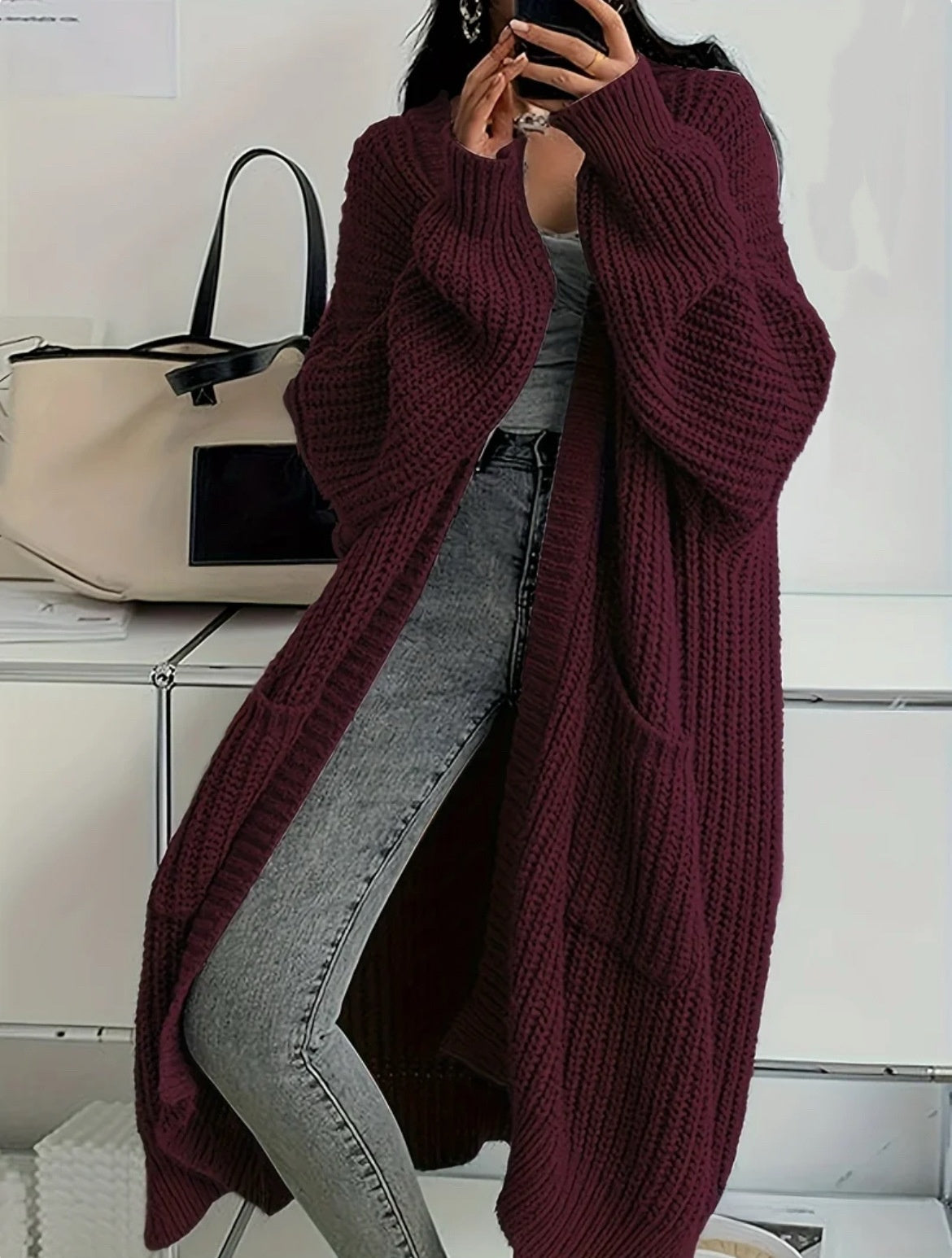 Long Open-Front Cardigan in Acrylic-Polyester Knit