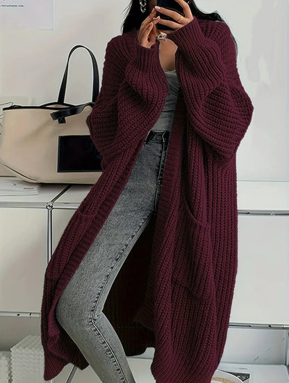 Long Open-Front Cardigan in Acrylic-Polyester Knit