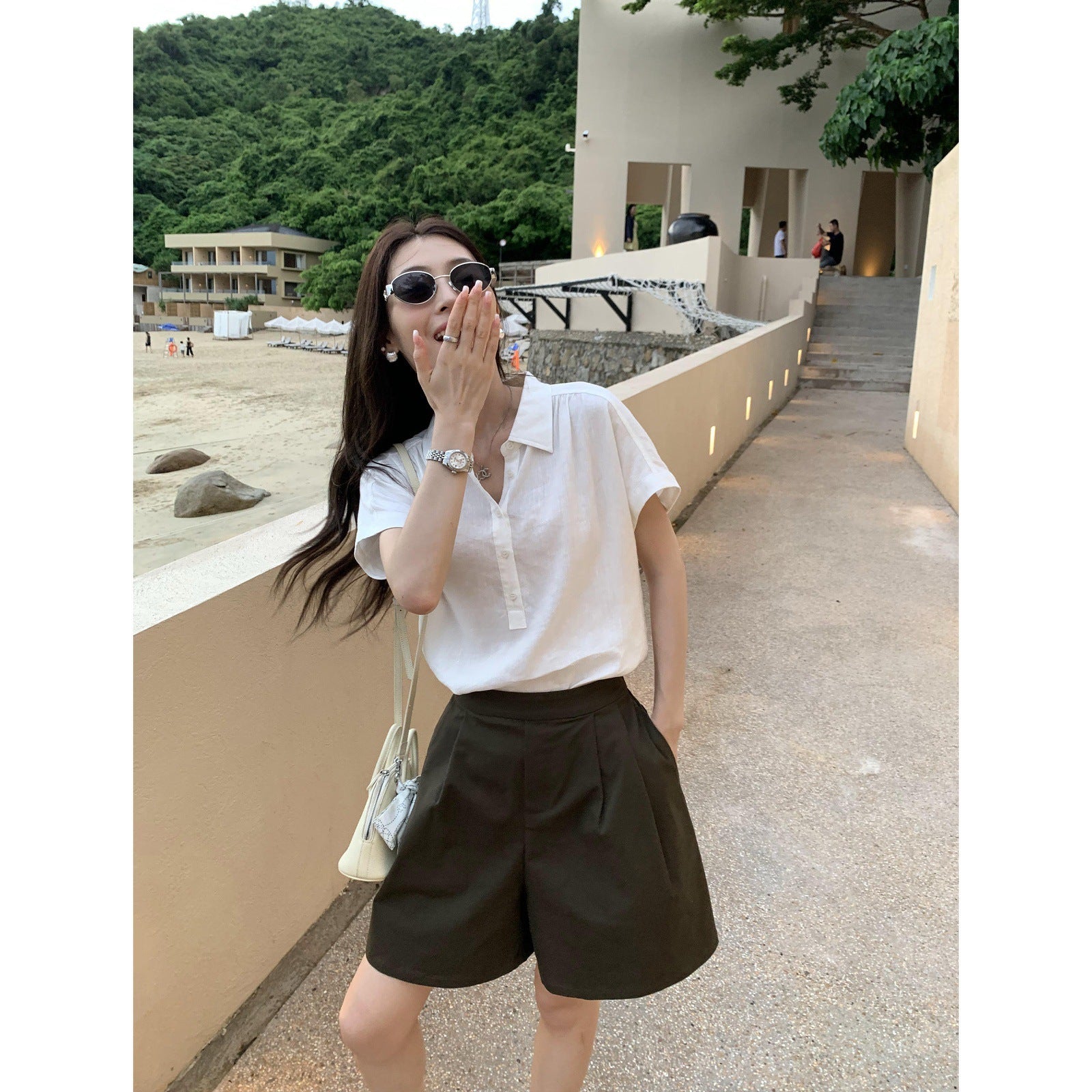 Womens Linen Lyocell Short Sleeve Shirt