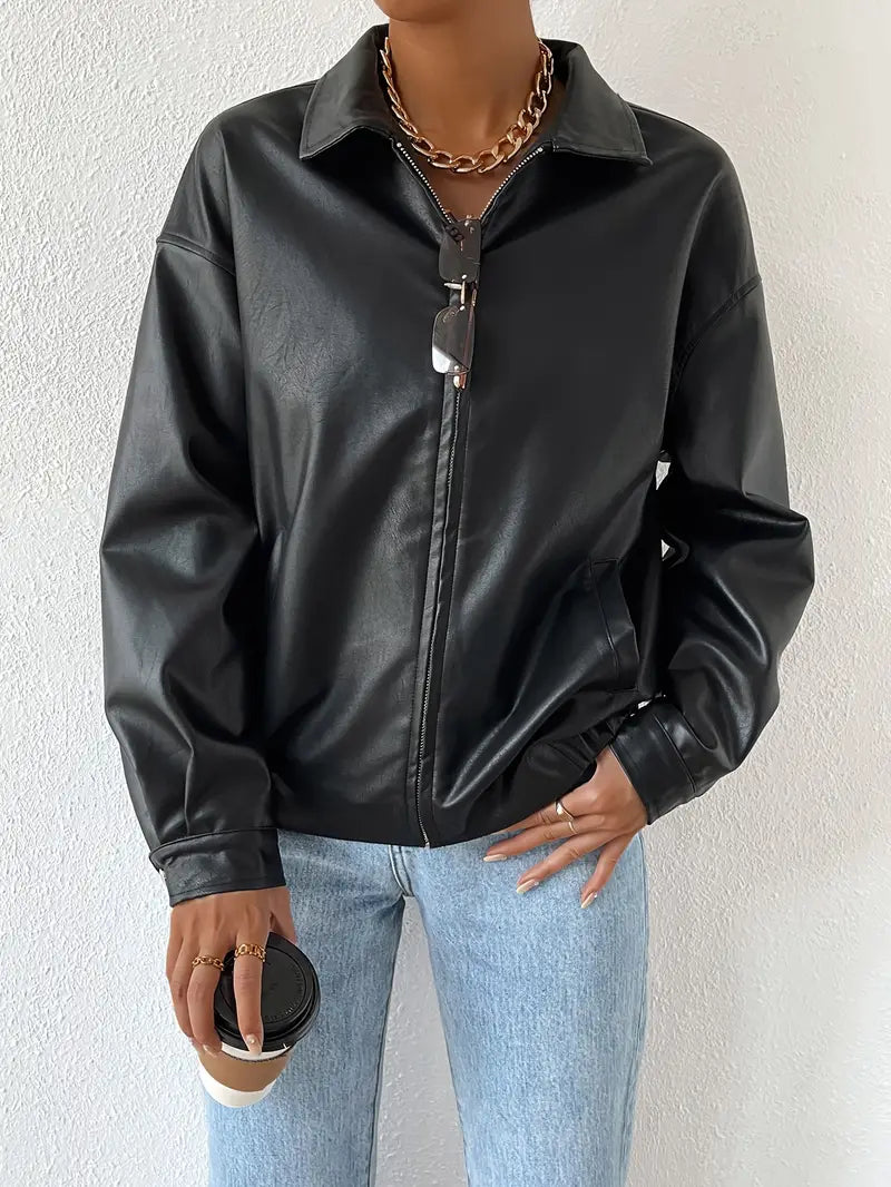 Faux Leather Jacket with Classic Collar