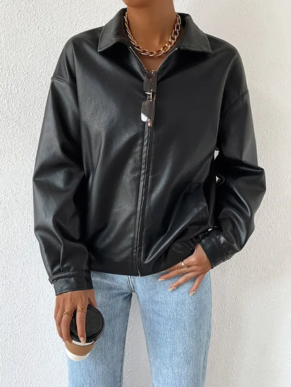 Faux Leather Jacket with Classic Collar