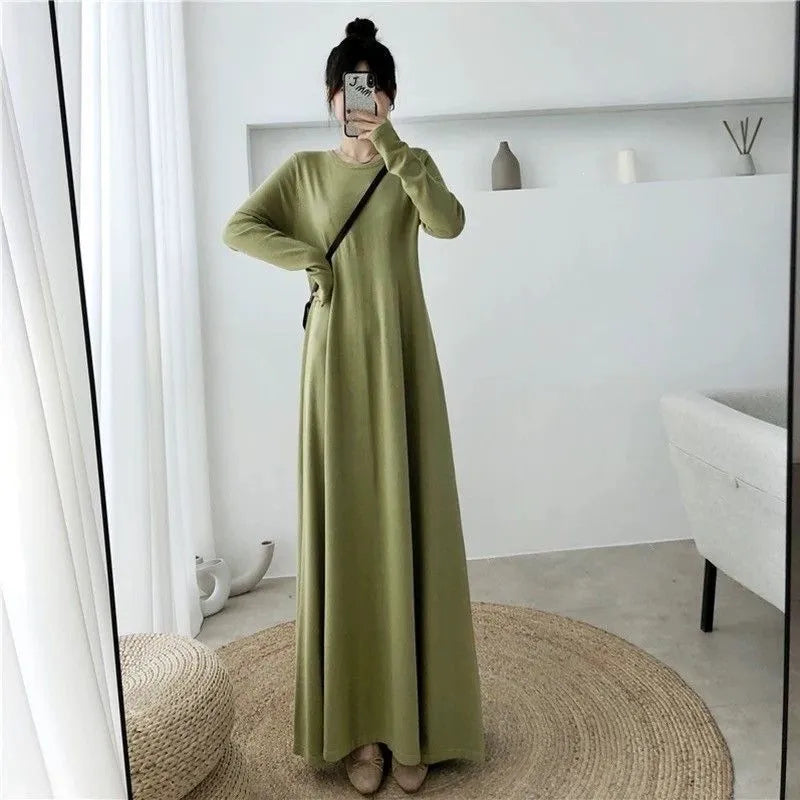 Dames maxi jurk met ronde hals en lange mouwen