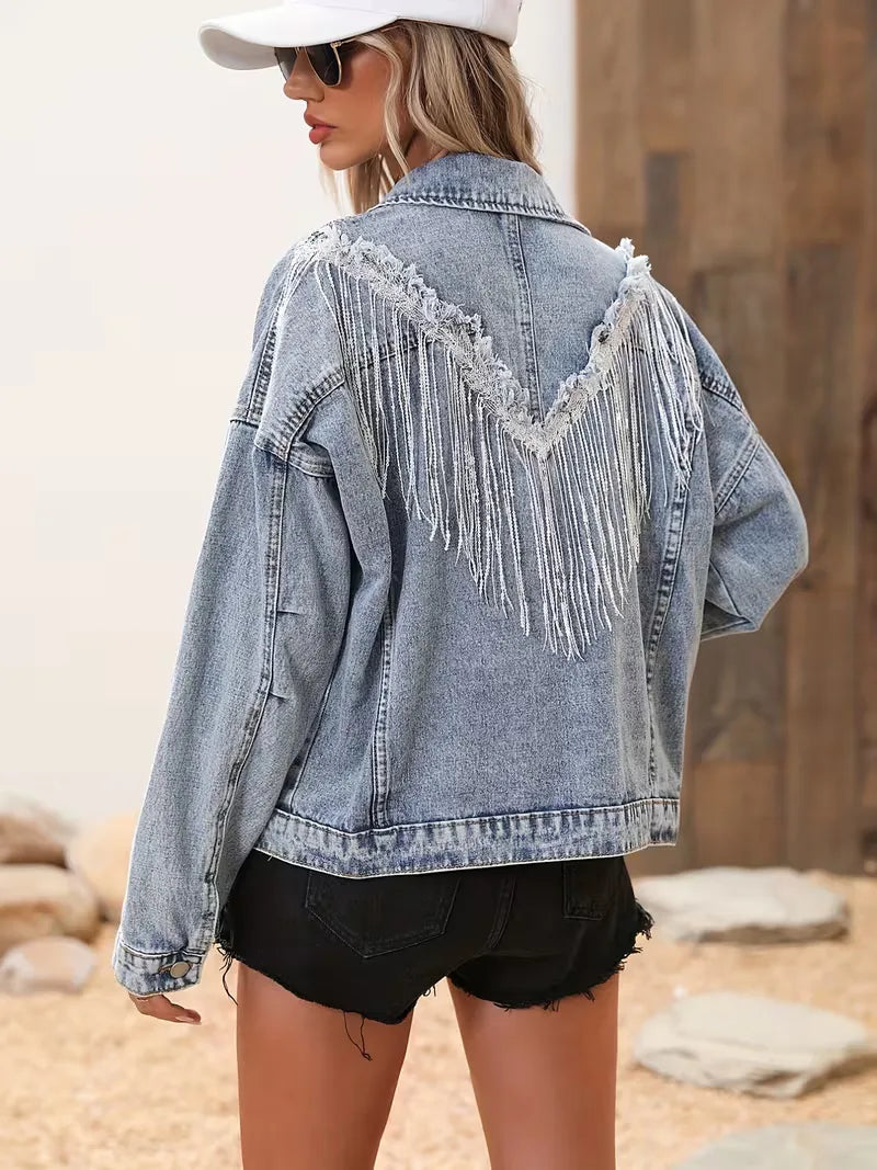 Dames oversized spijkerjas met pailletten franjedetail