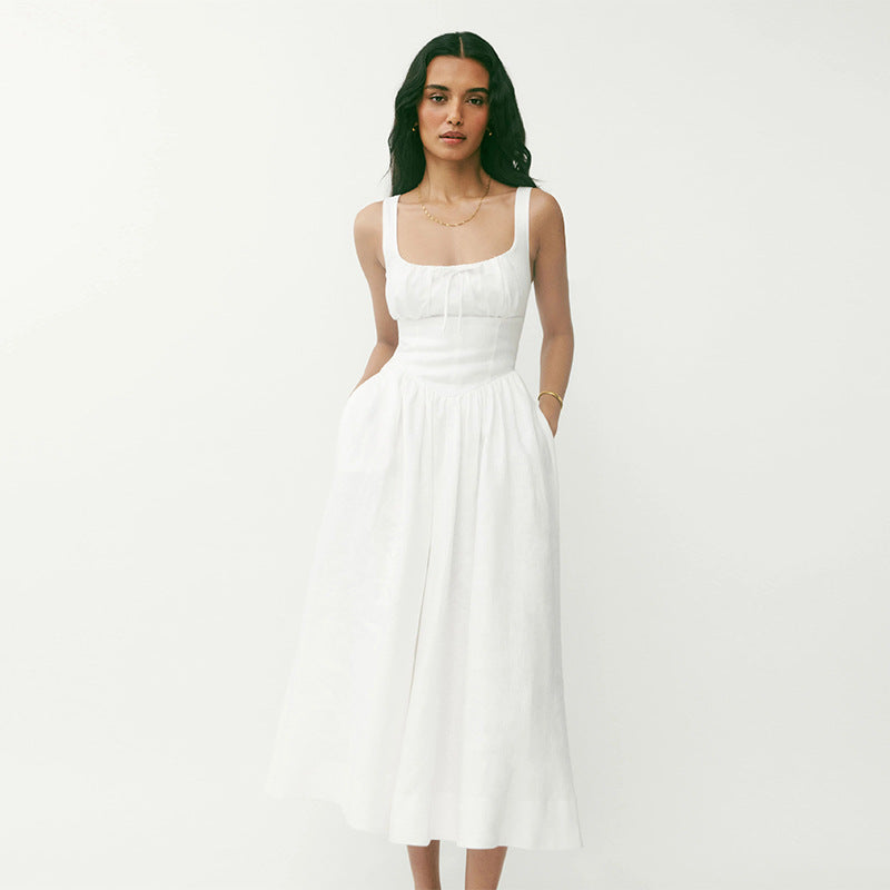 Linen Square Collar Mid-Length Dress