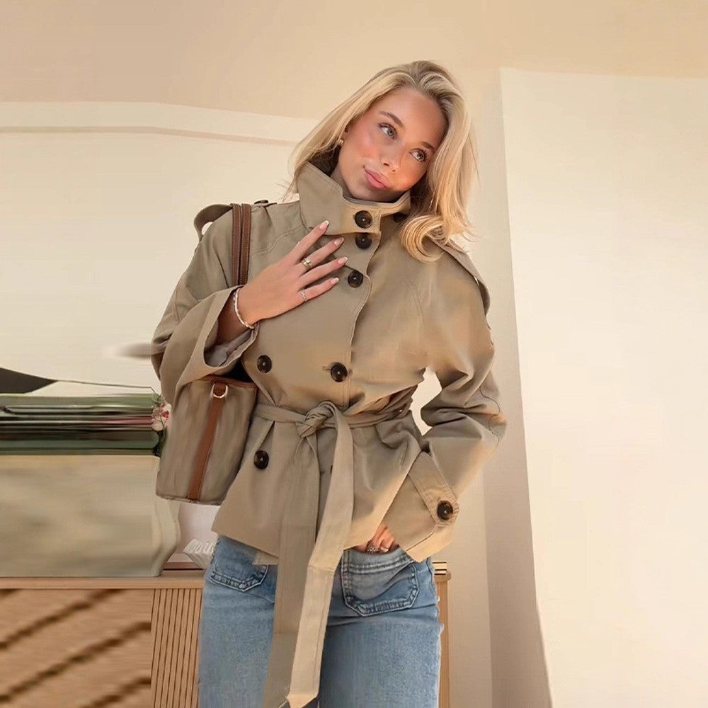 Double-Breasted Trench Coat with Tie Belt, Retro Collar