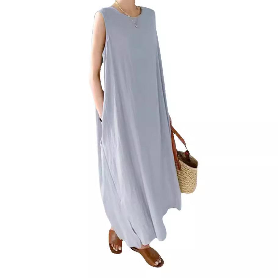 Linen Blend Round Neck Sleeveless Mid-Length Dress