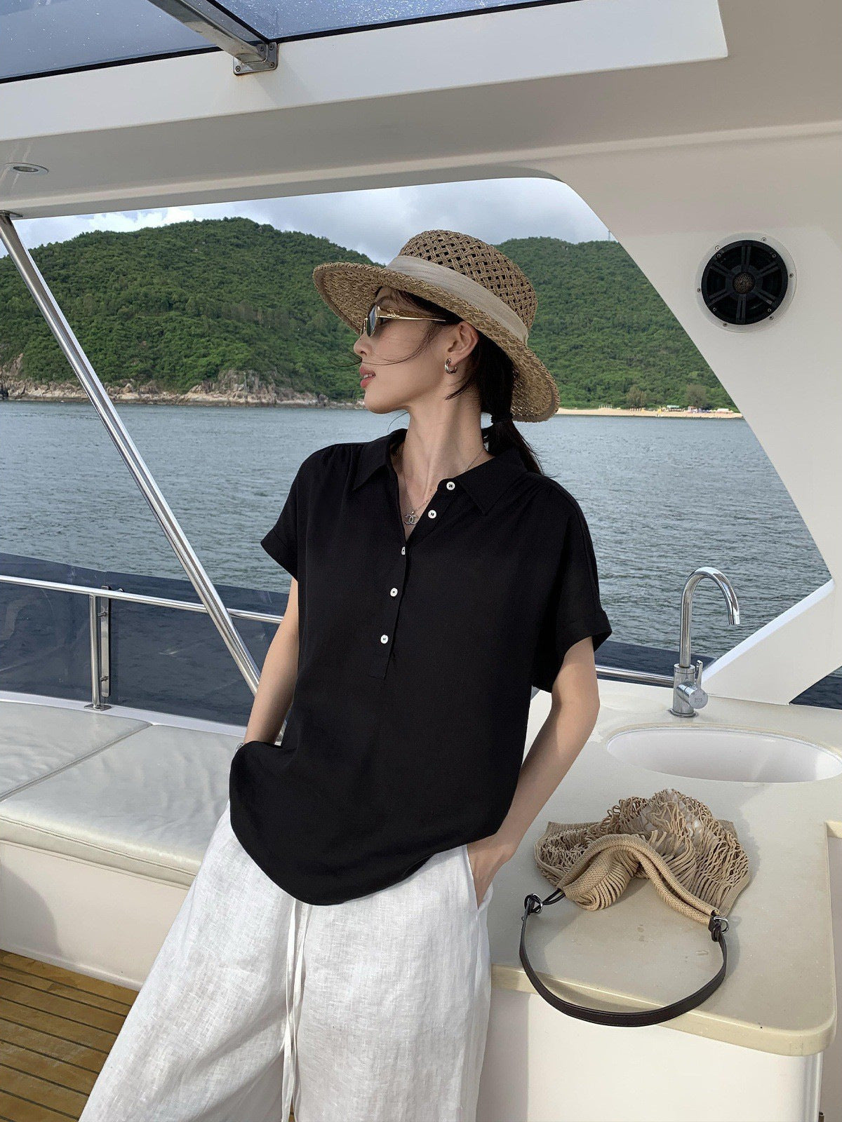 Womens Linen Lyocell Short Sleeve Shirt