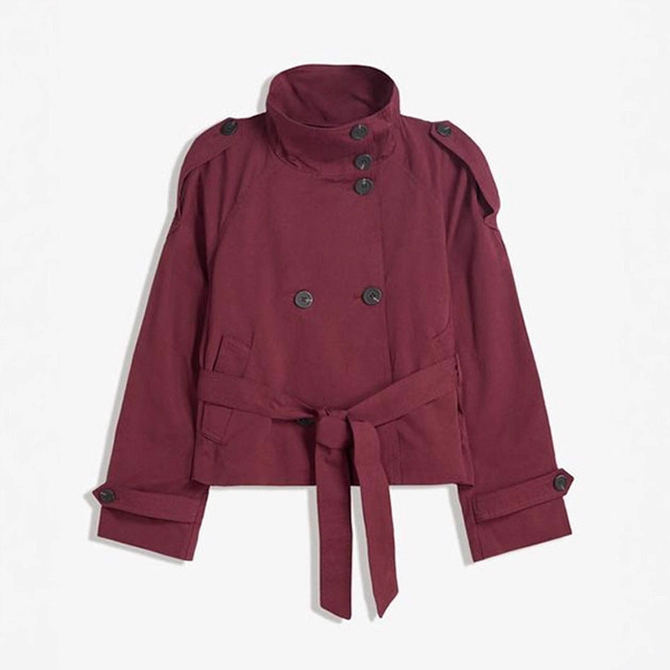 Double-Breasted Trench Coat with Tie Belt, Retro Collar