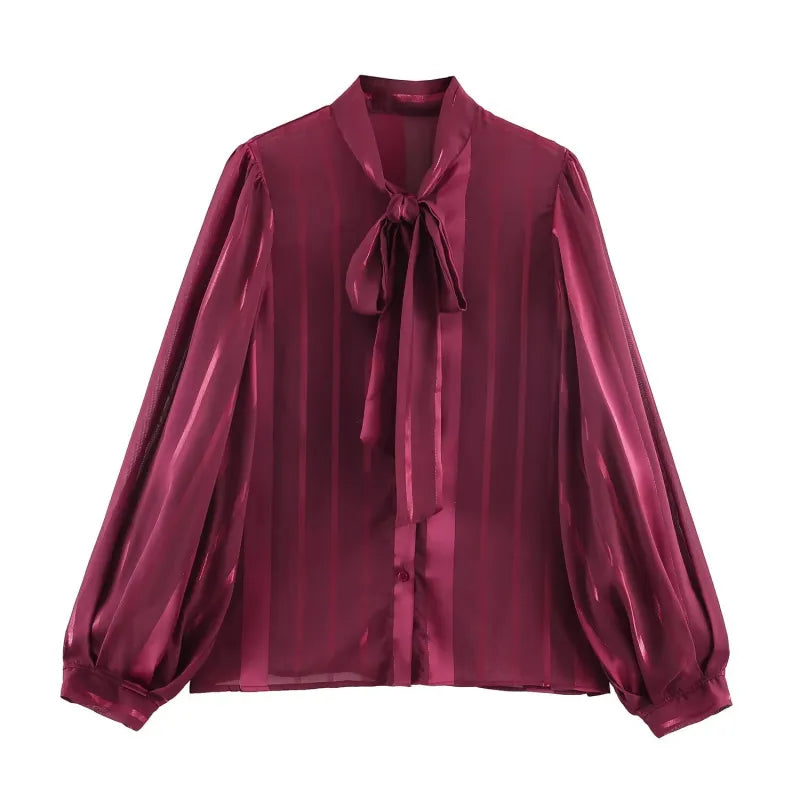 Striped Blouse with Tie Neck and Balloon Sleeves