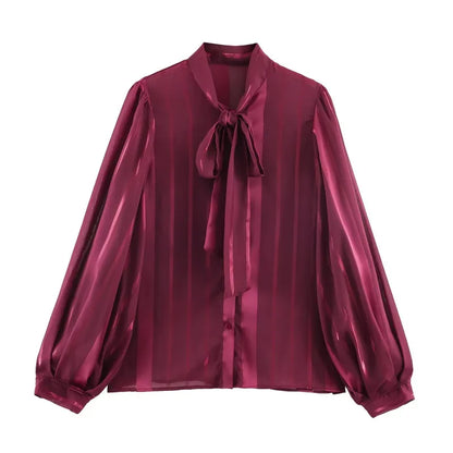 Striped Blouse with Tie Neck and Balloon Sleeves