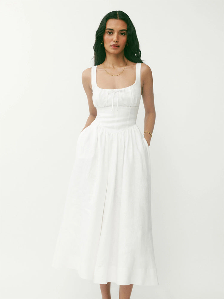 Linen Square Collar Mid-Length Dress