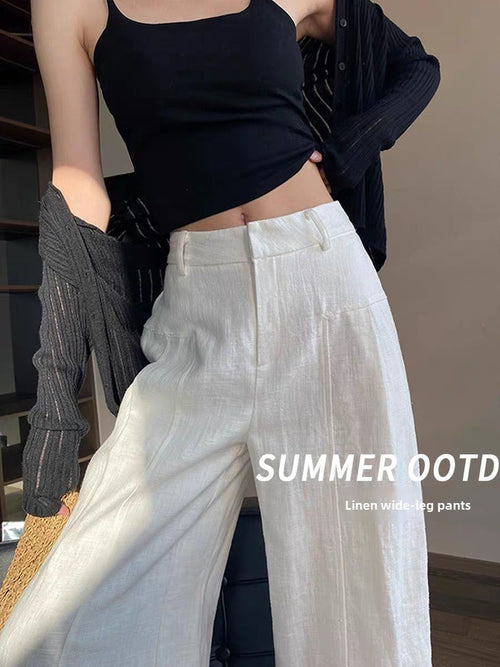 Womens High Waisted Linen Wide Leg Trousers