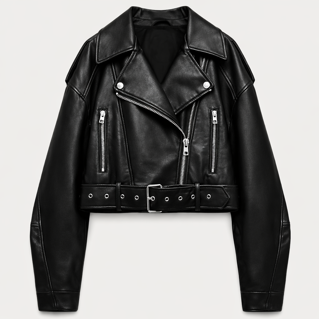 Dames cropped leren jas met riem