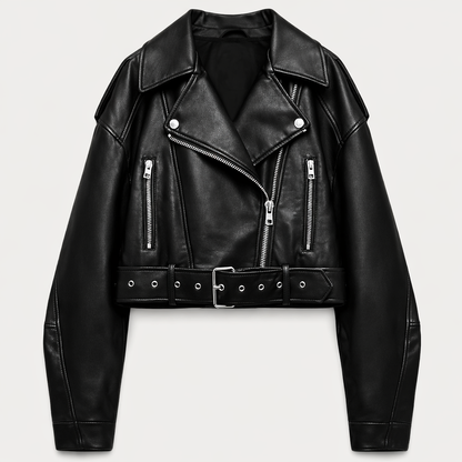 Dames cropped leren jas met riem