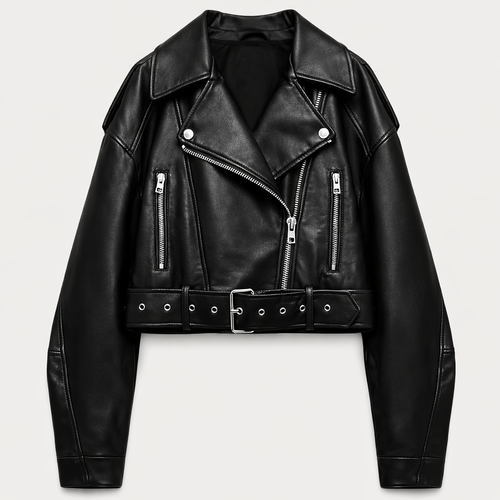 Dames cropped leren jas met riem