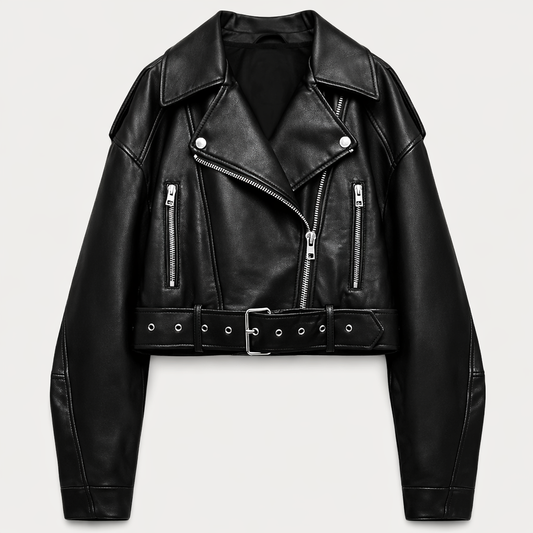 Dames cropped leren jas met riem