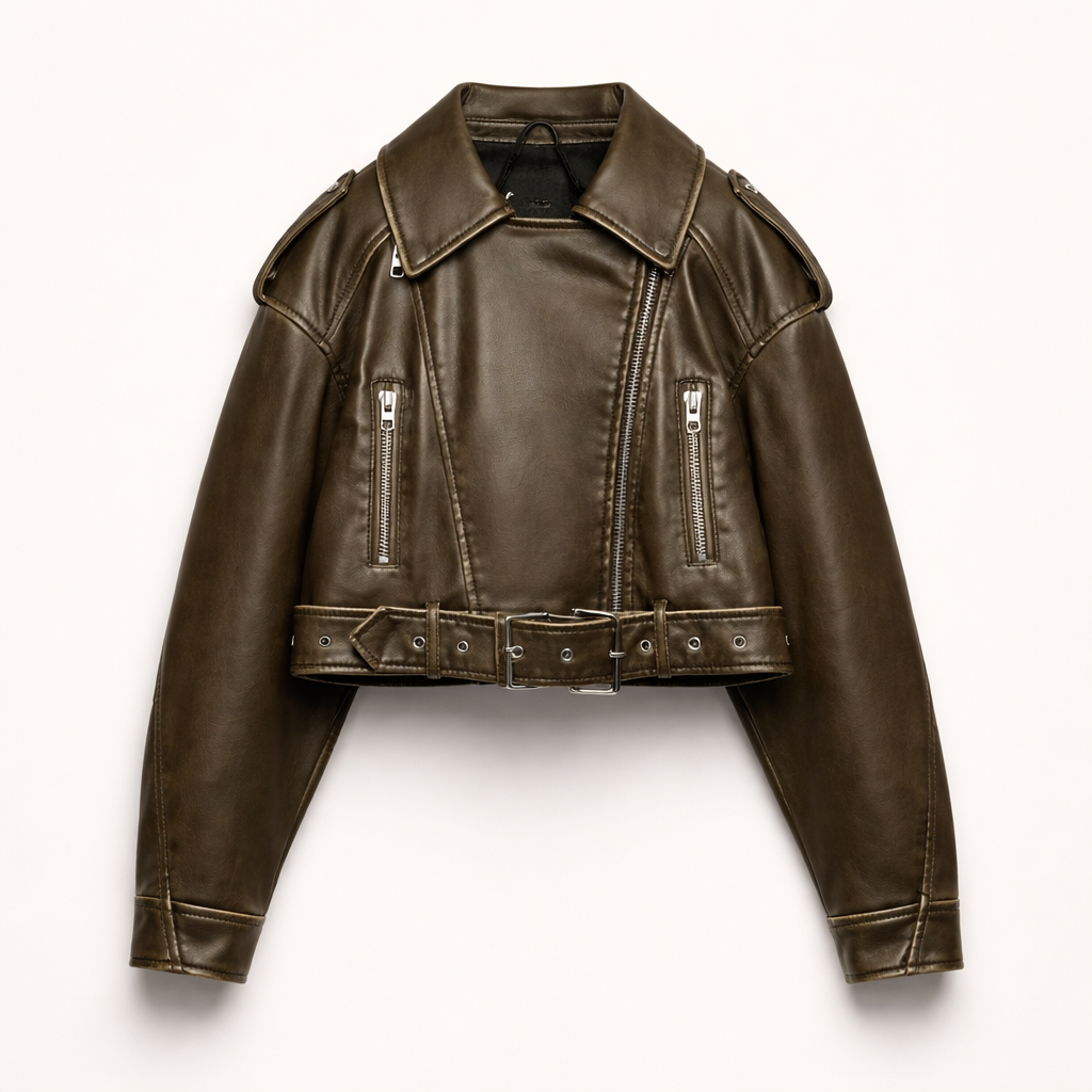 Dames cropped leren jas met riem