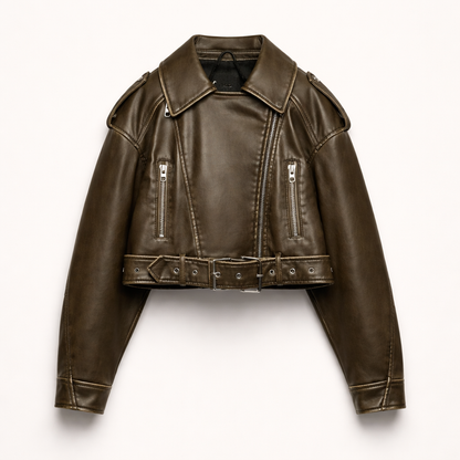 Dames cropped leren jas met riem