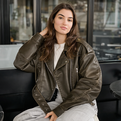 Dames cropped leren jas met riem