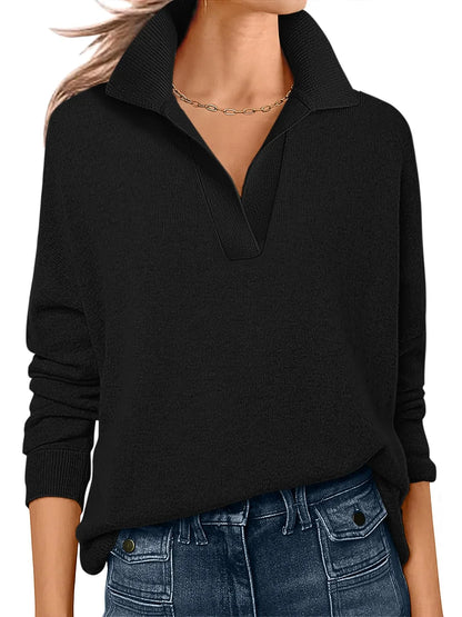Fine-Knit Sweater with Polo Collar and V-Neck