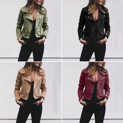 Dames suède-look bikerjack met asymmetrische rits