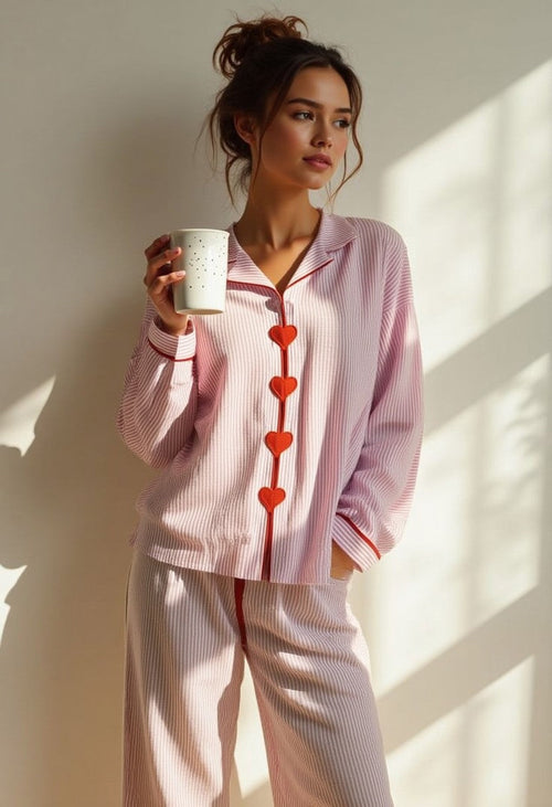 Dames tweedelige pyjama set met hartjes knoopjes