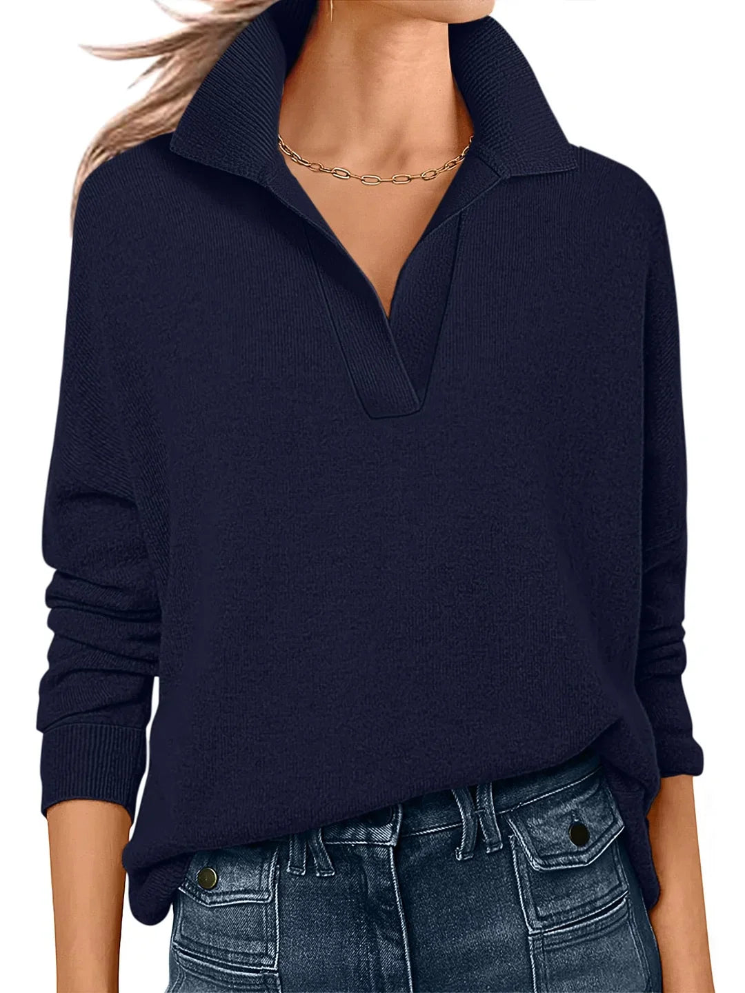 Fine-Knit Sweater with Polo Collar and V-Neck