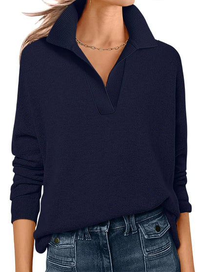 Fine-Knit Sweater with Polo Collar and V-Neck