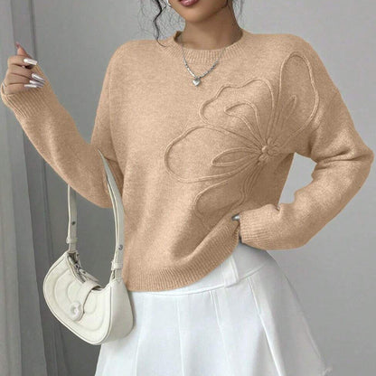 Fine-Knit Sweater with Relief Flower Detail