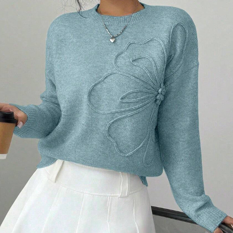 Fine-Knit Sweater with Relief Flower Detail