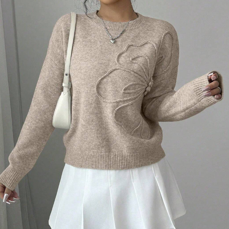 Fine-Knit Sweater with Relief Flower Detail