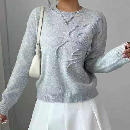 Fine-Knit Sweater with Relief Flower Detail