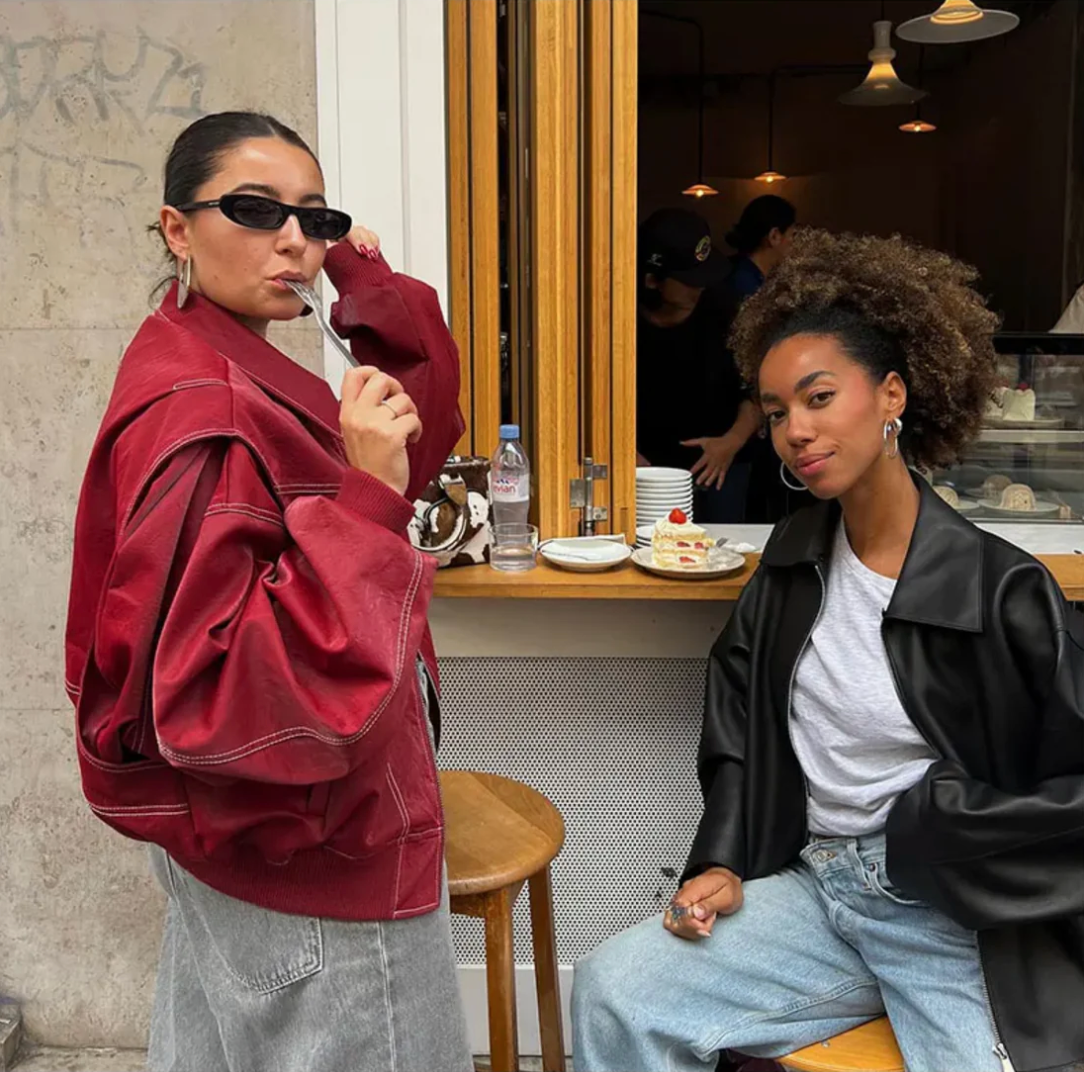 Oversized Faux Leather Jacket with Zip Closure