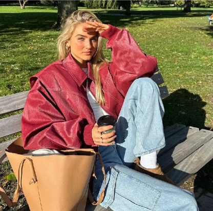Oversized Faux Leather Jacket with Zip Closure