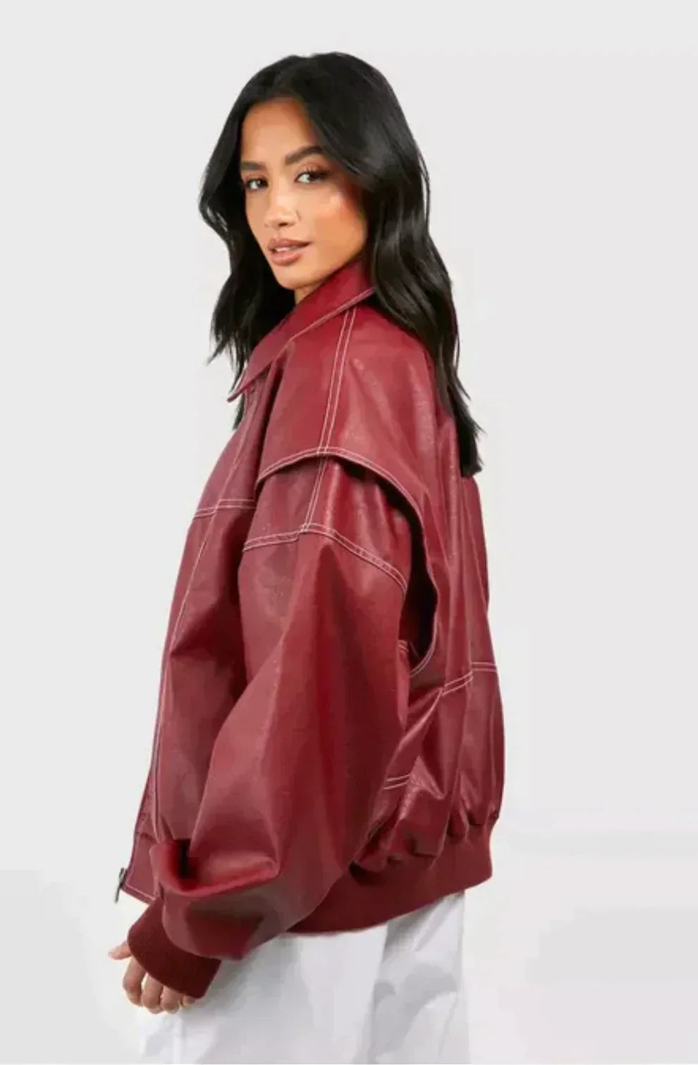 Oversized Faux Leather Jacket with Zip Closure