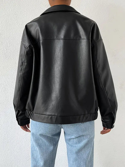 Faux Leather Jacket with Classic Collar